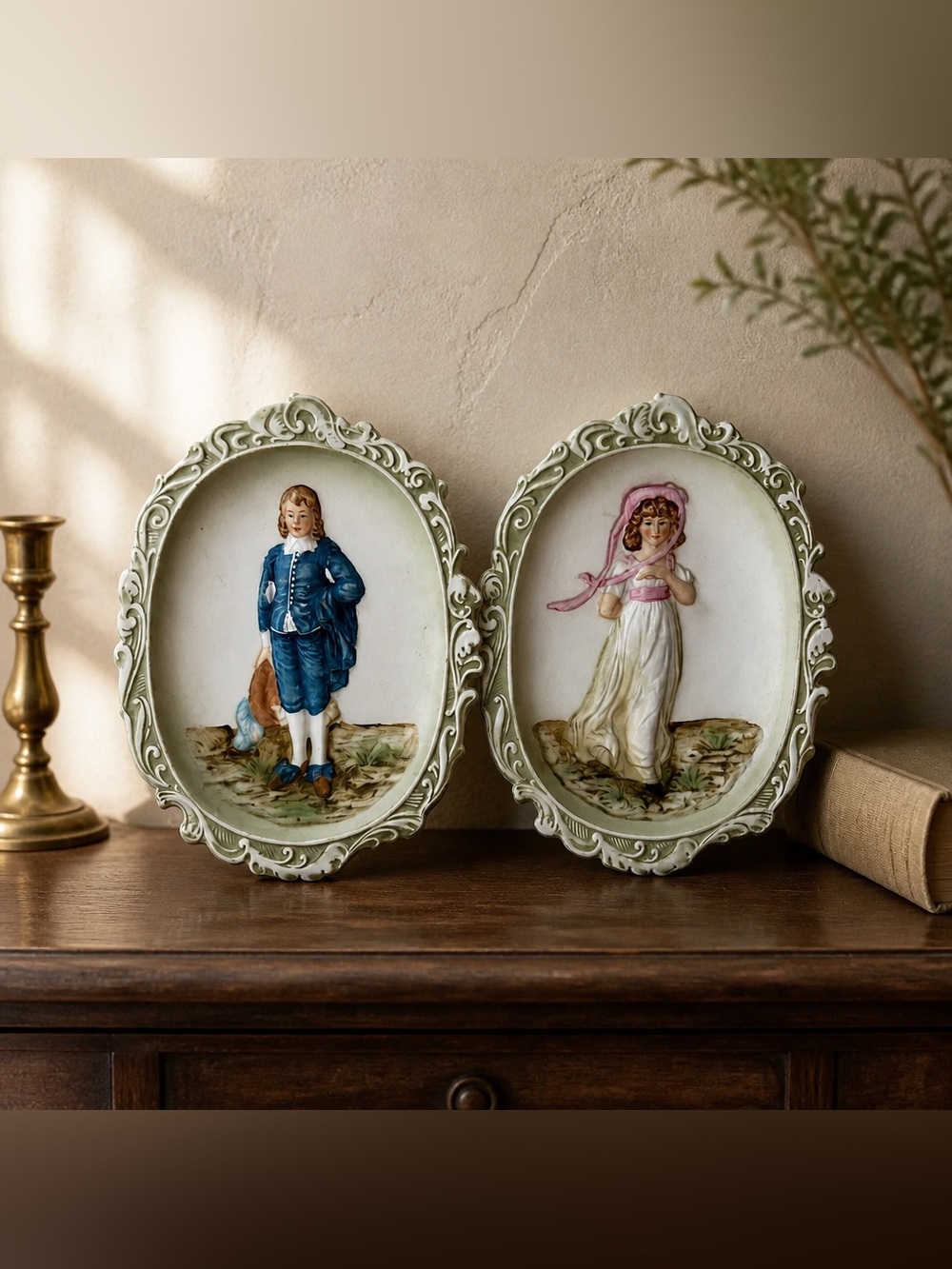 LEFTON PINKIE GIRL AND BLUE BOY PORCELAIN OVAL WALL PLAQUES #KW3504